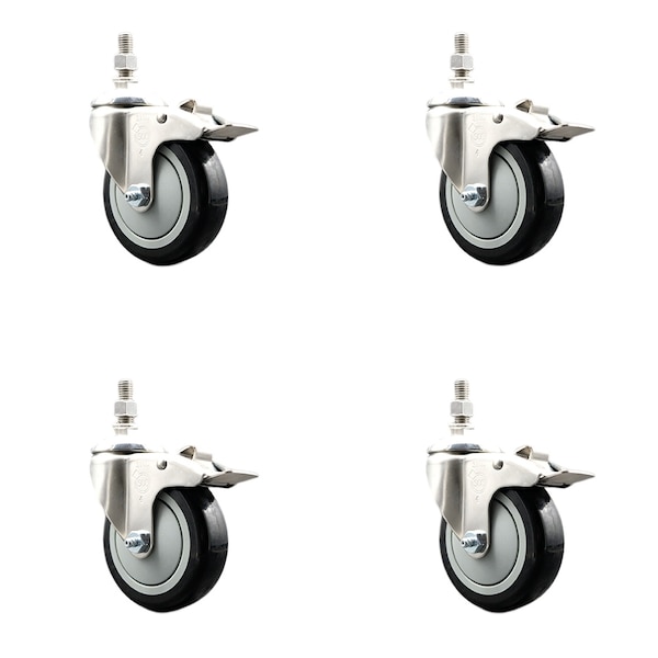 Service Caster 4 Inch 316SS Black Polyurethane Wheel Swivel 10mm Stem Caster Set Lock Brake SS316TSTTL20S414-PPUB-BLK-M1015-4 - main